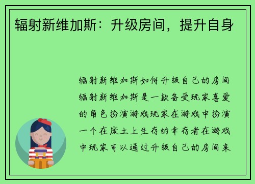 辐射新维加斯：升级房间，提升自身